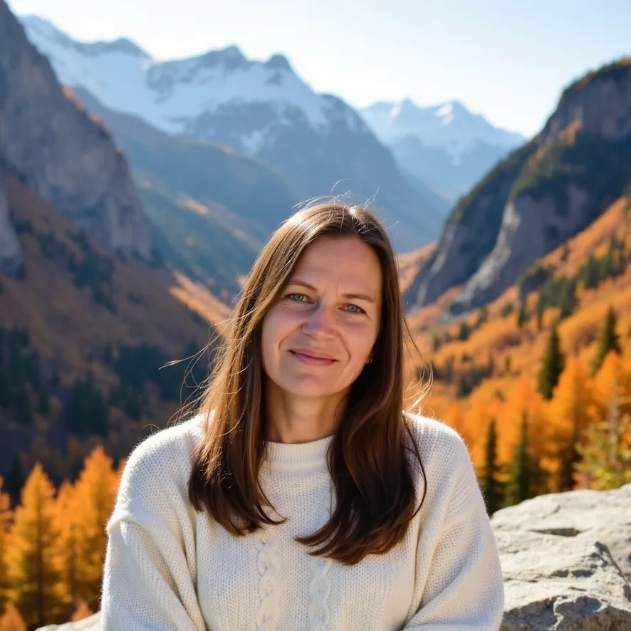 Wendy Copeland smiling in front of an autumn mountain landscape