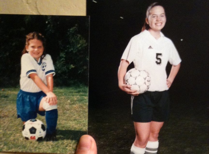 Two childhood photos of Wendy in her soccer uniform