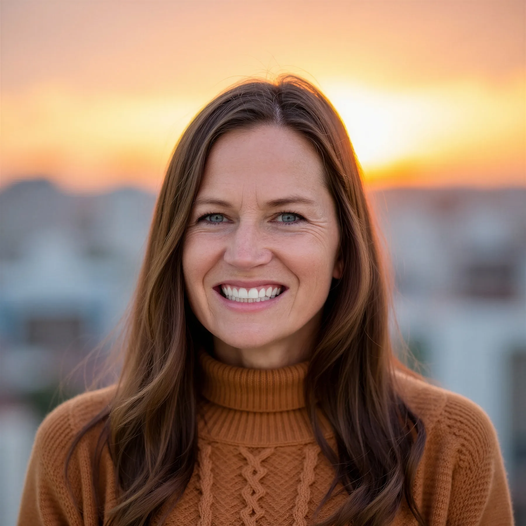 Wendy Copeland smiling outdoors at sunset