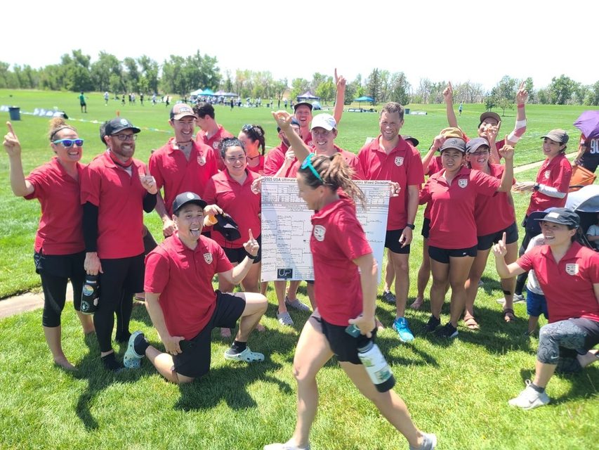 A team in red celebrating with a tournament bracket