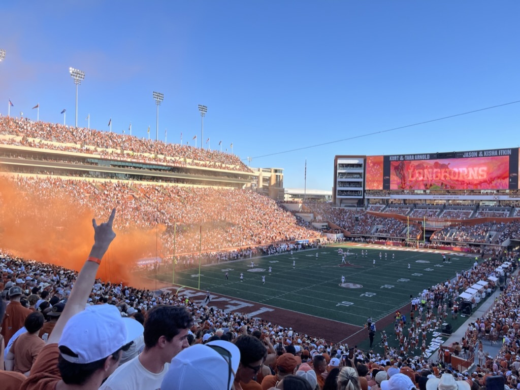 A packed Texas Memorial Stadium in Austin on game day