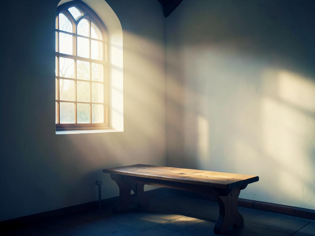 Soft light streaming through a chapel window onto a wooden bench