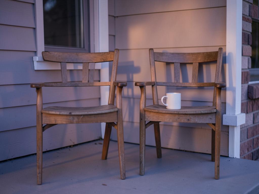 Two empty wooden chairs on a quiet porch