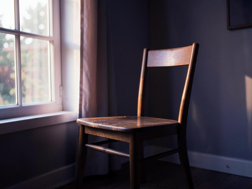 A quiet wooden chair bathed in soft morning window light