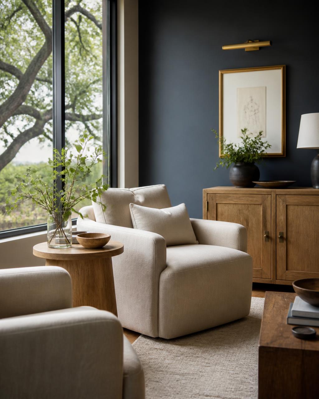 A quiet therapy office with a cushioned chair by a window